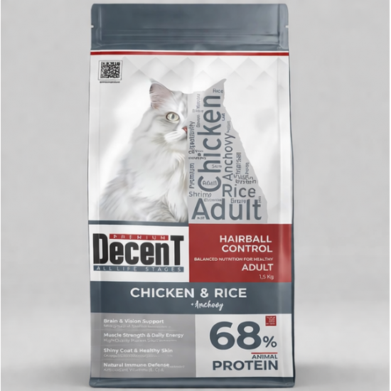 Decent Tavuklu Yetişkin Kedi Maması 1,5 Kg Hairball Control Tavuk & Pirinç Yetişkin Kedi Maması