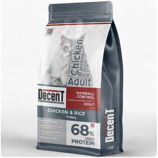Decent Tavuklu Yetişkin Kedi Maması 1,5 Kg Hairball Control Tavuk & Pirinç Yetişkin Kedi Maması