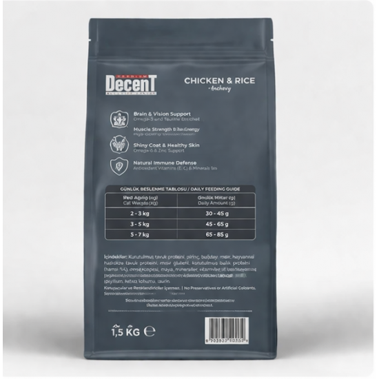 Decent Tavuklu Yetişkin Kedi Maması 1,5 Kg Hairball Control Tavuk & Pirinç Yetişkin Kedi Maması