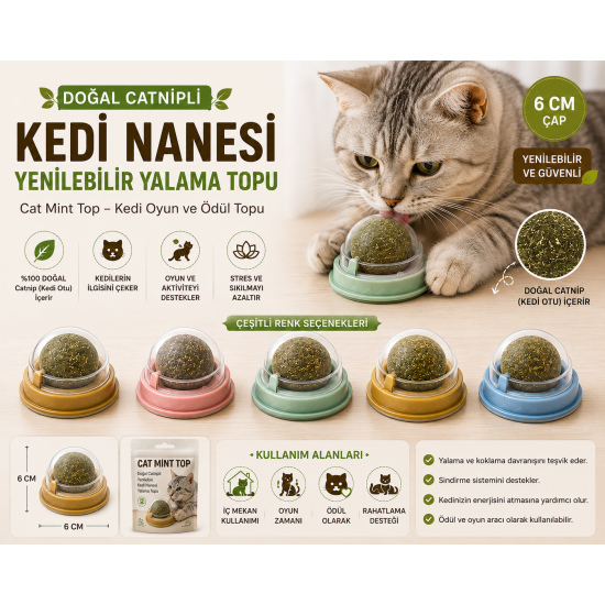 Doğal Catnipli Yenilebilir Kedi Nanesi Yalama Topu – 6 CM