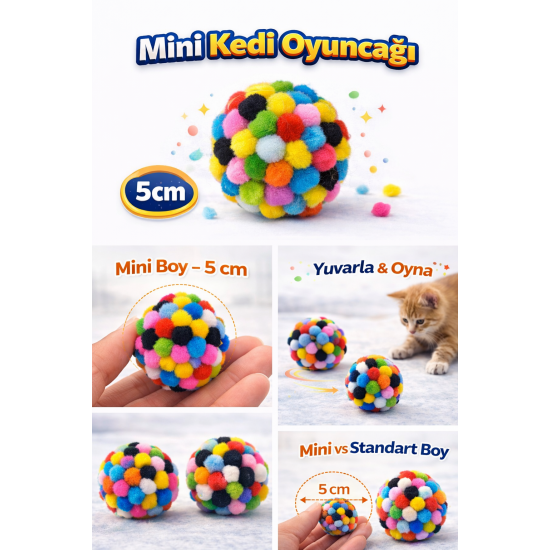 Mini Ponpon Kedi Oyuncak Topu 5 cm ( 2 Adet ) – Yumuşak Renkli Sessiz Kedi Oyun Topu