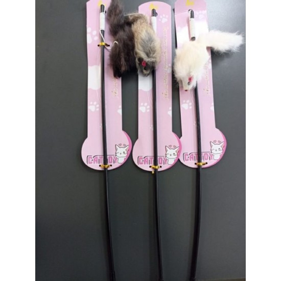 Fareli Kedi Oltası Ahşap Saplı Tüylü Kedi Oyuncağı 40-50 cm Renkli