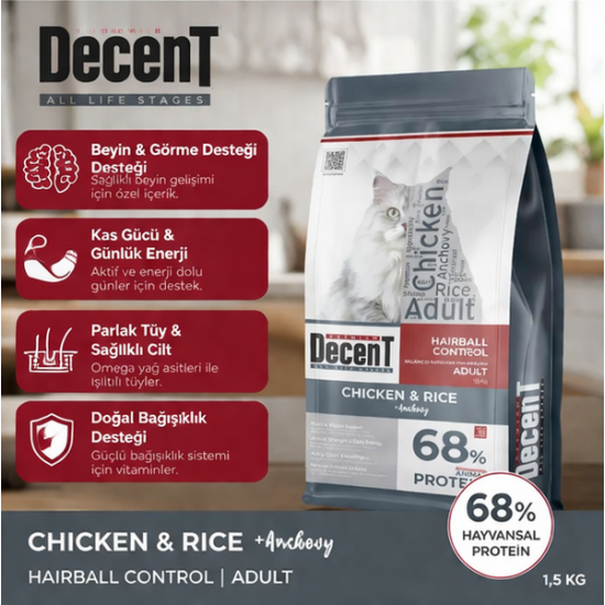 Decent Tavuklu Yetişkin Kedi Maması 1,5 Kg Hairball Control Tavuk & Pirinç Yetişkin Kedi Maması