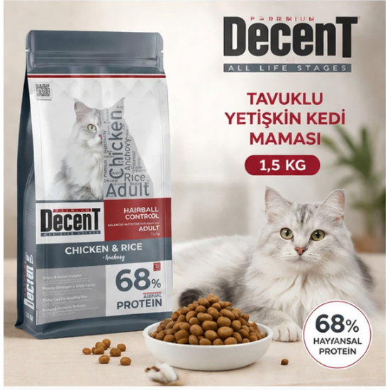 Decent Tavuklu Yetişkin Kedi Maması 1,5 Kg Hairball Control Tavuk & Pirinç Yetişkin Kedi Maması