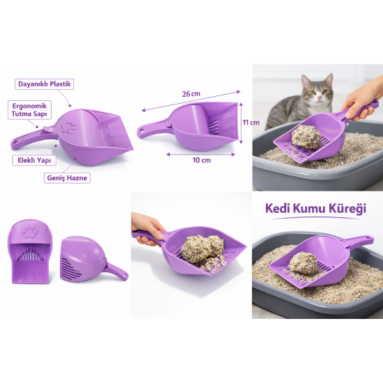 Kapaklı Kedi Kumu Küreği Elekli – Ergonomik Saplı Dayanıklı Plastik Kum Temizleme Küreği 26 cm