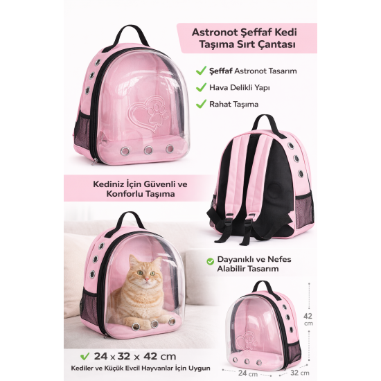 Kalpli Patili Astronot Şeffaf Taşıma Sırt Çantası Pembe 24x32x42 cm