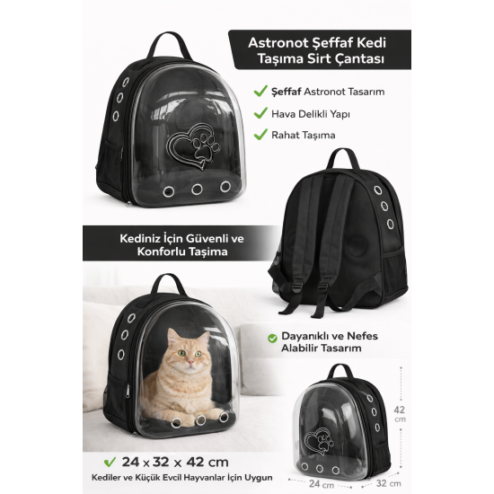 Kalpli Patili Astronot Şeffaf Taşıma Sırt Çantası Siyah 24x32x42 cm