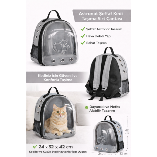 Kalpli Patili Astronot Şeffaf Taşıma Sırt Çantası Gri 24x32x42 cm