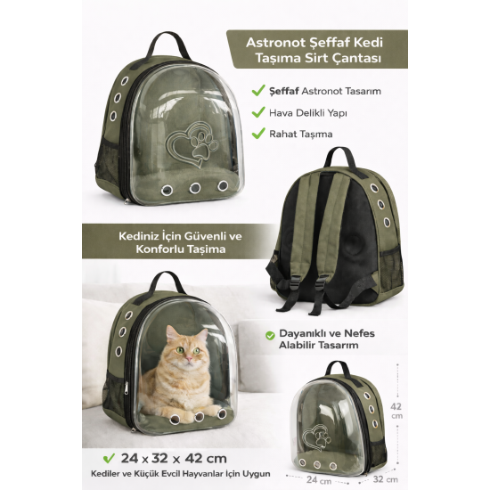 Kalpli Patili Astronot Şeffaf Taşıma Sırt Çantası Haki 24x32x42 cm