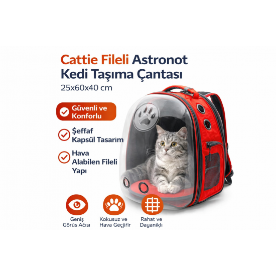 Cattie Fileli Astronot Kedi Taşıma Çantası 25x60x40cm Kırmızı