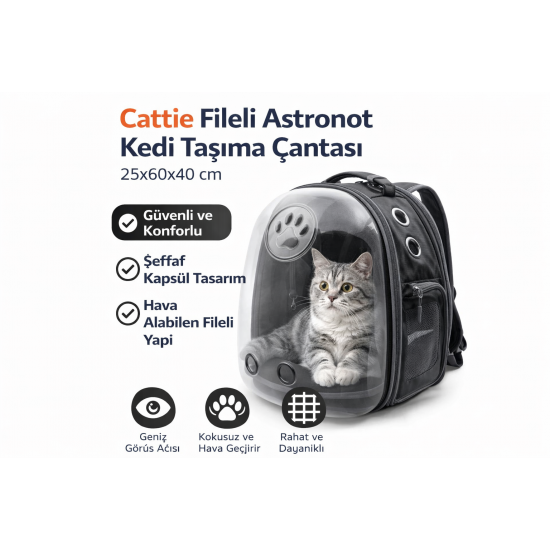 Cattie Fileli Astronot Kedi Taşıma Çantası 25x60x40cm Siyah