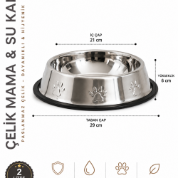 Köpekler İçin Pati Desenli Çelik Mama Su Kabı 30 Cm - 64 Oz - 2 LT