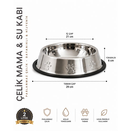Köpekler İçin Pati Desenli Çelik Mama Su Kabı 30 Cm - 64 Oz - 2 LT