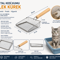 Metal Kedi Kumu Elek Kürek Ahşap Saplı Paslanmaz Kum Küreği 26 cm