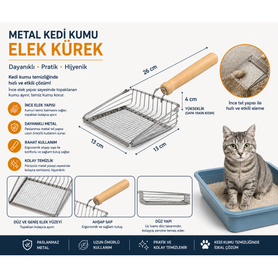 Metal Kedi Kumu Elek Kürek Ahşap Saplı Paslanmaz Kum Küreği 26 cm