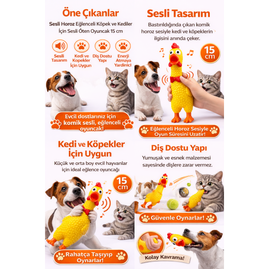 Sesli Horoz Eğlenceli Köpek ve Kediler İçin Sesli Öten Horoz Oyuncak 15 cm