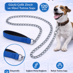 Zincir Köpek Gezdirme Kayışı Dayanıklı Çelik & Ergonomik Tutma Saplı 2,5 mm-120 cm Mavi