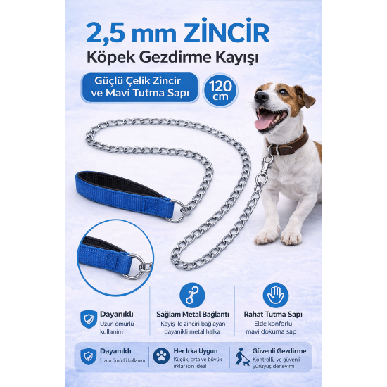 Zincir Köpek Gezdirme Kayışı Dayanıklı Çelik & Ergonomik Tutma Saplı 2,5 mm-120 cm Mavi
