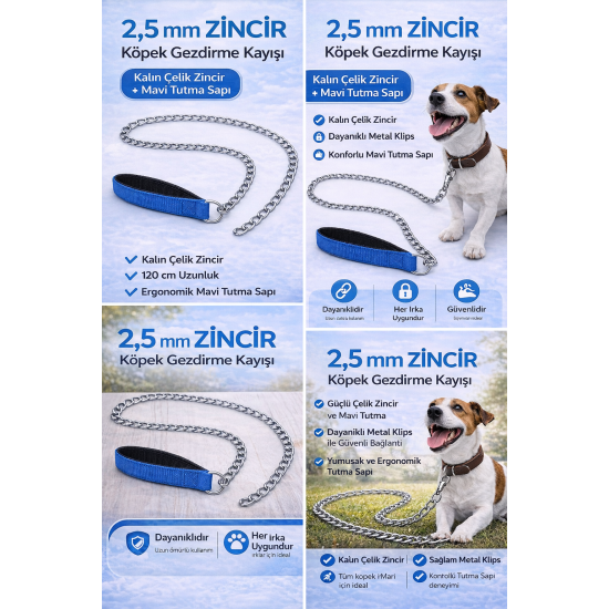 Zincir Köpek Gezdirme Kayışı Dayanıklı Çelik & Ergonomik Tutma Saplı 2,5 mm-120 cm Mavi