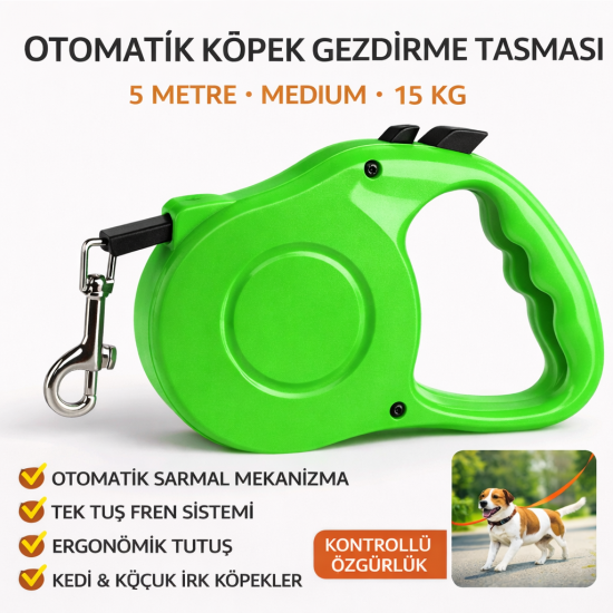 Karamel Pet Otomatik  Köpek Gezdirme Tasması Medium 5 Metre 15 kg Yeşil