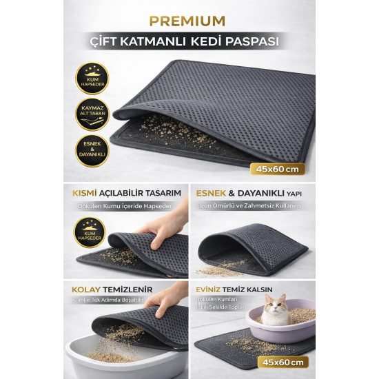 Kedi Elekli Tuvalet Önü Kum Tutucu Paspas  45 cm - 60 cm Gri
