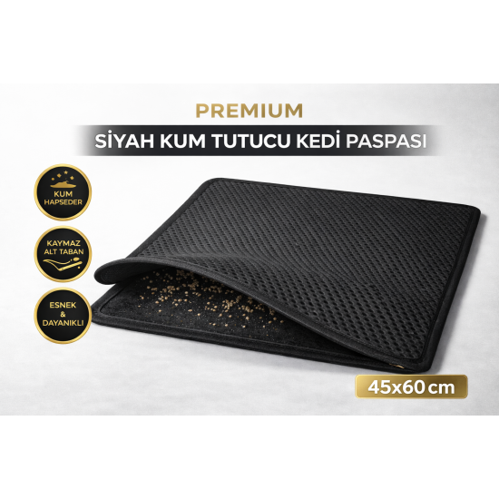 Kedi Elekli Tuvalet Önü Kum Tutucu Paspas  45 cm - 60 cm Siyah