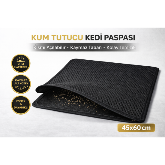 Kedi Elekli Tuvalet Önü Kum Tutucu Paspas  45 cm - 60 cm Siyah