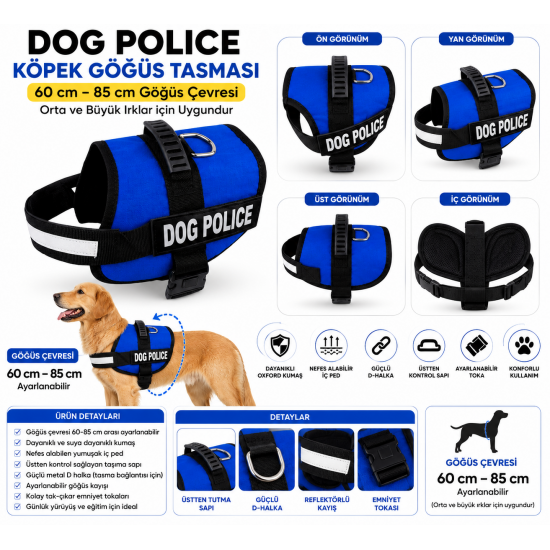 Dog Police Ayarlanabilir Köpek Göğüs Tasması Mavi-Siyah (60-85 cm)