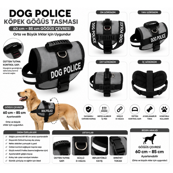 Dog Police Ayarlanabilir Köpek Göğüs Tasması Gri - Siyah (60-85 cm)