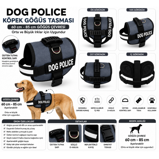 Dog Police Ayarlanabilir Köpek Göğüs Tasması Füme Gri - Siyah (60-85 cm)