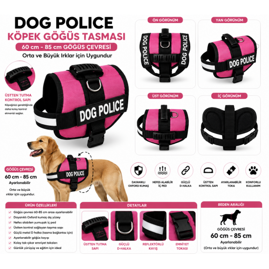 Dog Police Ayarlanabilir Köpek Göğüs Tasması Pembe - Siyah (60-85 cm)