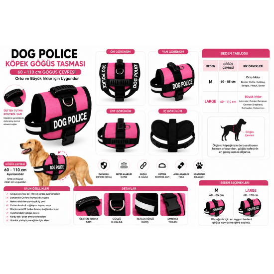 Dog Police Ayarlanabilir Köpek Göğüs Tasması Pembe - Siyah (60-110 cm)