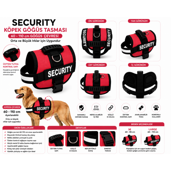 Dog Police Ayarlanabilir Köpek Göğüs Tasması Kırmızı - Siyah (60-110 cm)