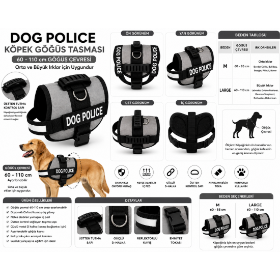 Dog Police Ayarlanabilir Köpek Göğüs Tasması Gri- Siyah (60-110 cm)