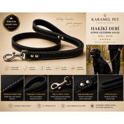 Premium Hakiki Deri Köpek Gezdirme Kayışı Siyah 100 cm Yumuşak Dolgulu Tutma Saplı