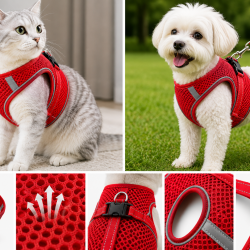 Nefes Alan Kumaş Air Mesh Kedi Köpek Göğüs Tasması XX Small 28x32 cm Kırmızı