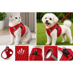 Nefes Alan Kumaş Air Mesh Kedi Köpek Göğüs Tasması XX Small 28x32 cm Kırmızı