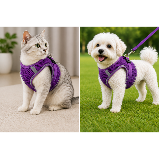 Nefes Alan Kumaş Air Mesh Kedi Köpek Göğüs Tasması X Small 32x36 cm Mor