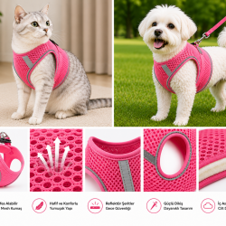 Nefes Alan Kumaş Air Mesh Kedi Köpek Göğüs Tasması X Small 32x36 cm Neon Pembe
