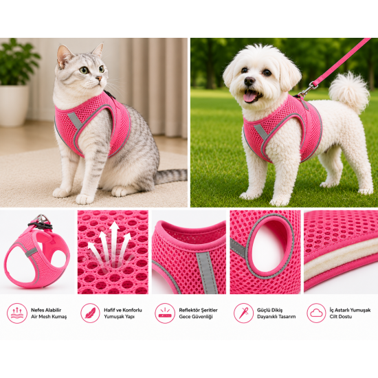 Nefes Alan Kumaş Air Mesh Kedi Köpek Göğüs Tasması XX Small 28x32 cm Neon Pembe