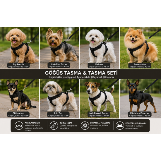 Gezdirme Kayışlı Dokuma Köpek Göğüs Tasma Seti 32*47-110 cm Siyah