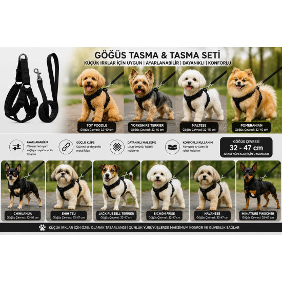 Gezdirme Kayışlı Dokuma Köpek Göğüs Tasma Seti 32*47-110 cm Siyah