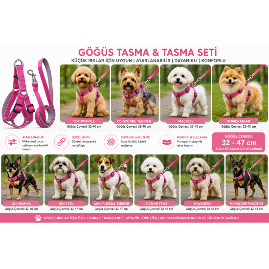 Gezdirme Kayışlı Dokuma Köpek Göğüs Tasma Seti 32*47-110 cm Pembe