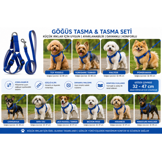 Gezdirme Kayışlı Dokuma Köpek Göğüs Tasma Seti 32*47-110 cm Mavi