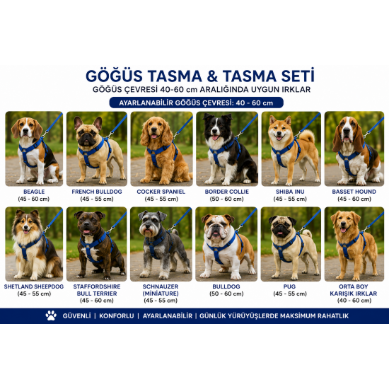 Gezdirme Kayışlı Dokuma Köpek Göğüs Tasma Seti 40*60-110 cm Mavi