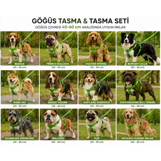 Gezdirme Kayışlı Dokuma Köpek Göğüs Tasma Seti 40*60-110 cm Neon Yeşil