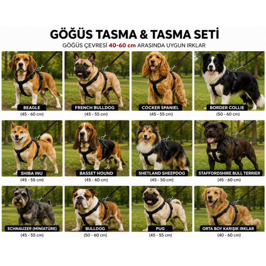 Gezdirme Kayışlı Dokuma Köpek Göğüs Tasma Seti 40*60-110 cm Siyah