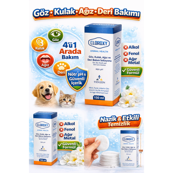 Cloroxy Kedi Köpek Göz Kulak Ağız ve Deri Bakım Solüsyonu 150 ml – Antiseptik Bakım Solüsyonu