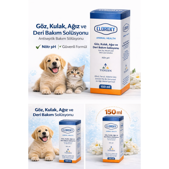 Cloroxy Kedi Köpek Göz Kulak Ağız ve Deri Bakım Solüsyonu 150 ml – Antiseptik Bakım Solüsyonu