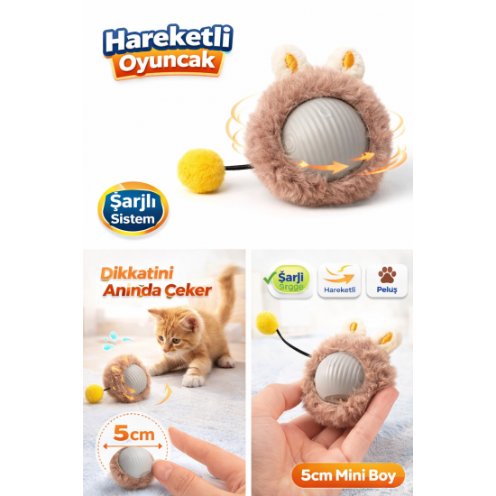 KP Şarjlı Hareketli Peluş Kedi Oyuncağı Kuyruklu 5 cm – İnteraktif Titreşimli Hareketli Top